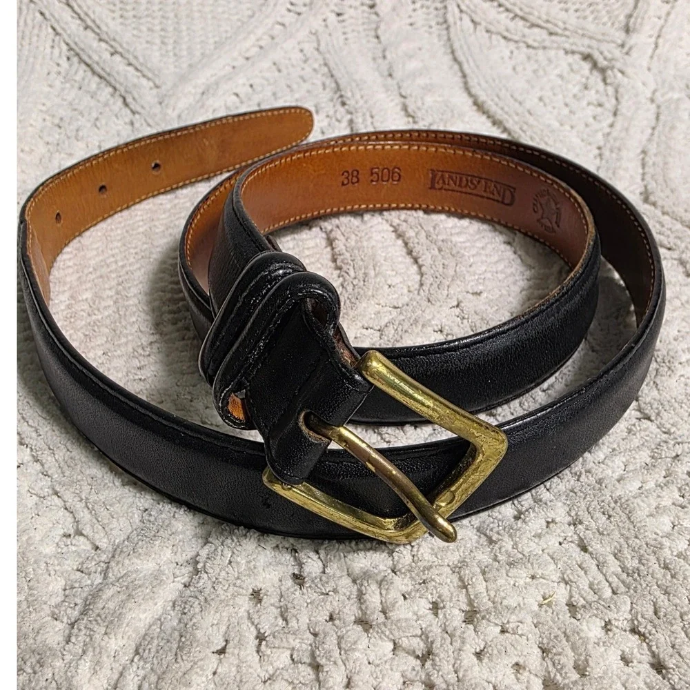 Lands' End Leather Belt Black Brass Buckle Made in USA Mens 38